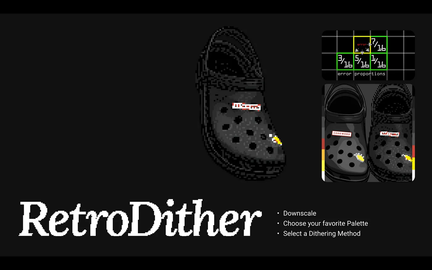 A meme showing a retro dither effect on some 3d modeled crocs.